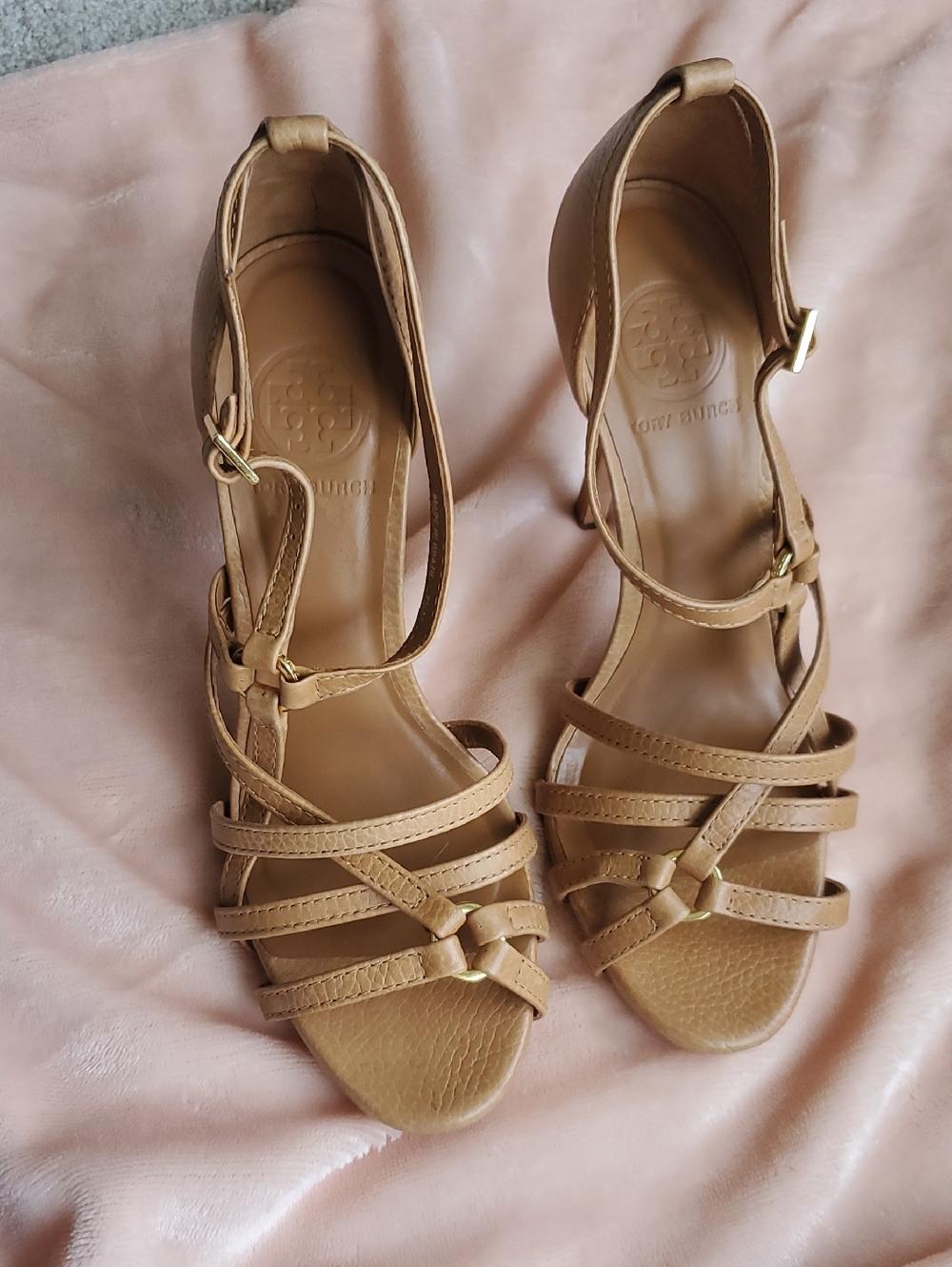 Tory Burch Strappy Stiletto Heels, Size 7.5, in Royal Tan. Great Condition!